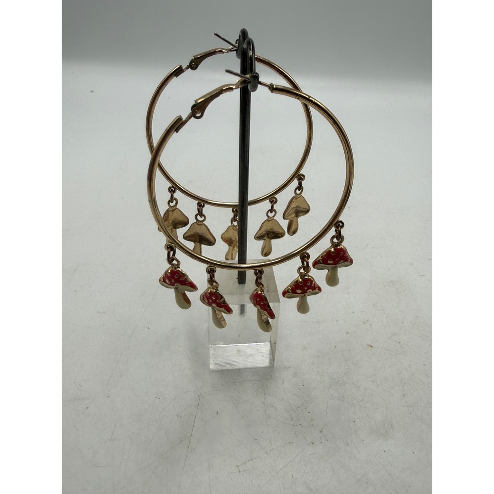Gold Tone Mushroom Charm Hoop Earrings Red Enamel Toadstool Cottagecore Boho